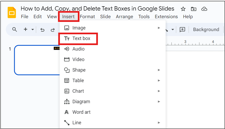 Insert > Text Box Option in Google Slides for Adding Text Boxes