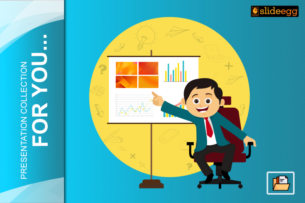 Cartoon businessman presenting colorful charts on a stand, representing free and attractive PowerPoint templates.