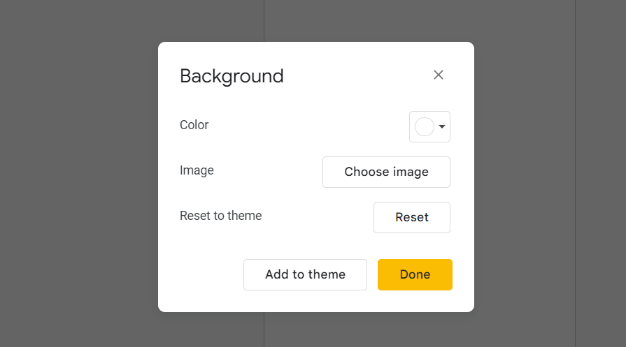 Changing Background Dialog Box in Google Slides with Color, Image, Reset to Theme, etc.