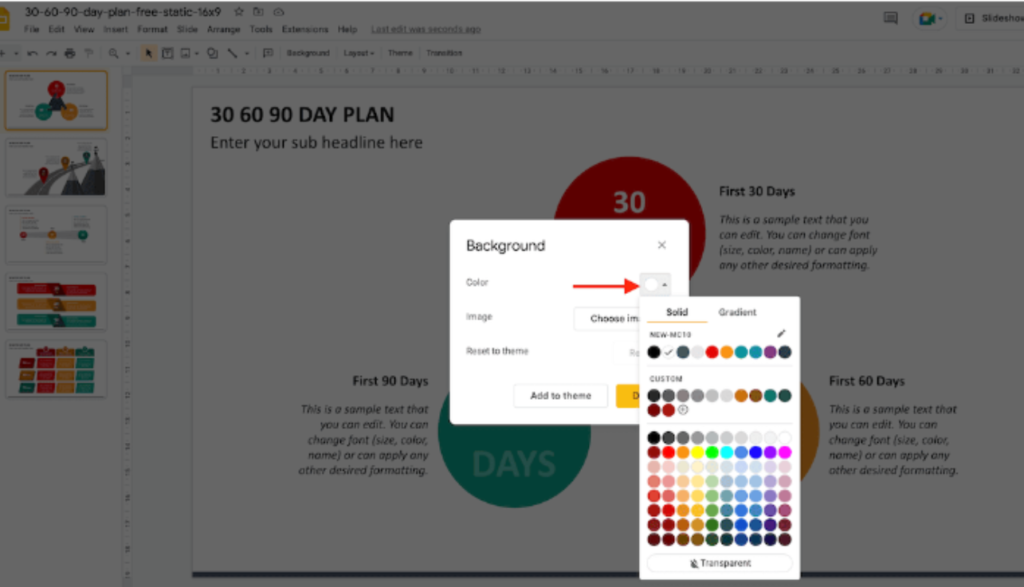 A Google Slides background pop-up with the "Color" option selected, displaying a color palette.