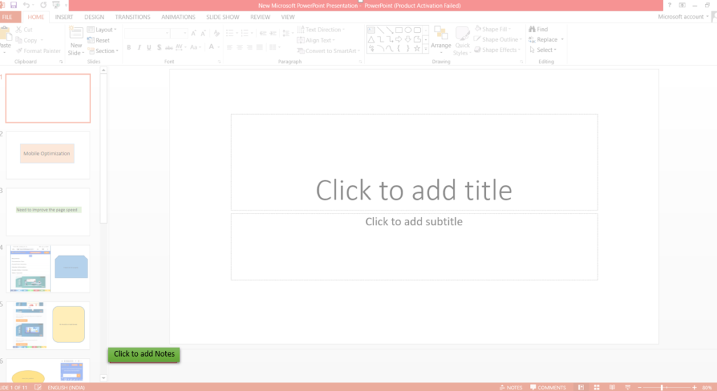 Click to add notes option in PowerPoint is highlighted to explain adding speaker notes in a presentation.