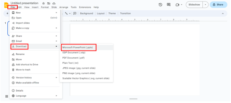 In Google Slides, File > Download > Microsoft PowerPoint option is highlighted. 