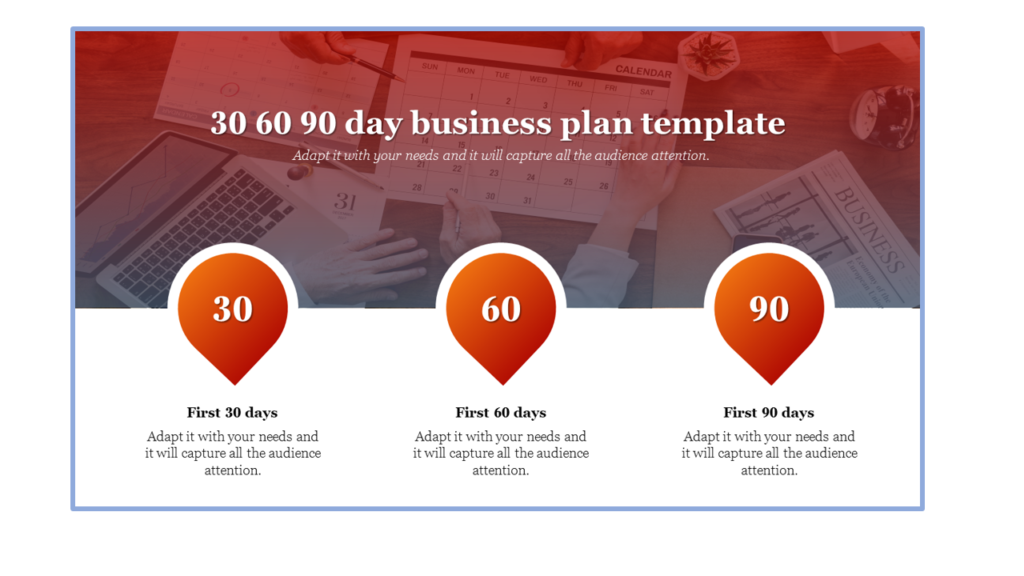 30-60-90 Day Business Plan Presentation template with Three Nodes and a Business Theme Background.