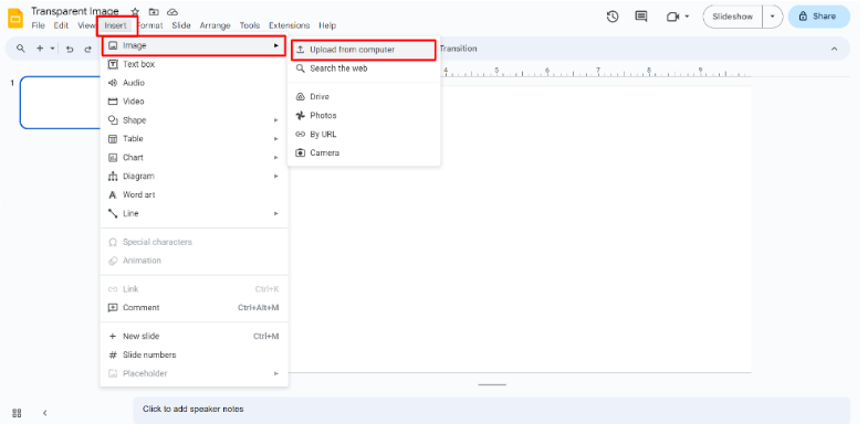 Google Slides window with Insert > Image > Upload from computer options are highlighted to explain the upload image option.