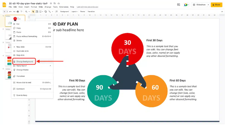 In Google Slides, the "Slide > Change background" options are highlighted to show the steps to change a slide background.