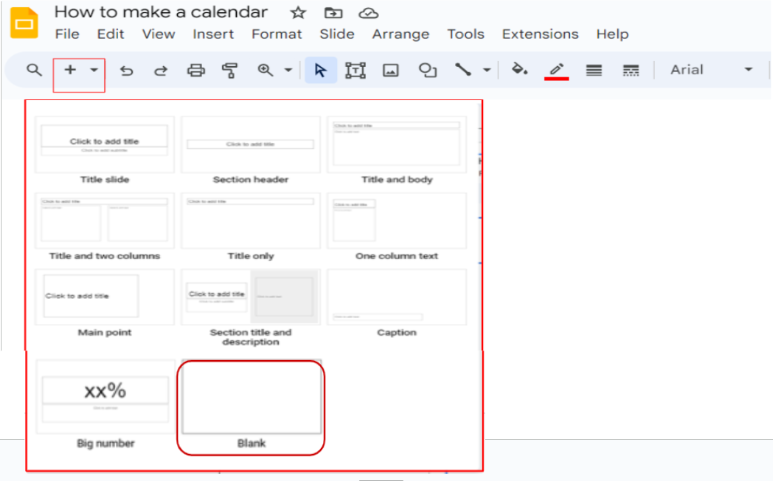 Selecting a custom layout to suit the calendar’s design. The blank slide option is highlighted.