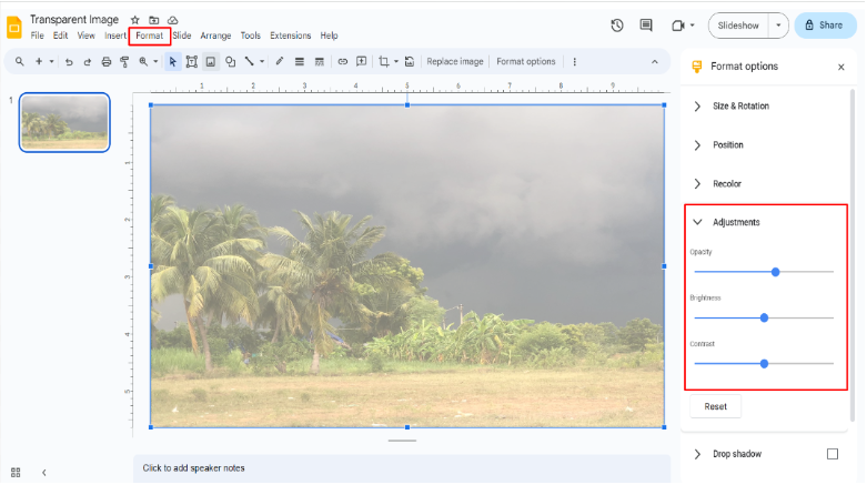 Google Slides Window with Format menu. Format options menu with Adjustment options are highlighted to adjust the transparency.