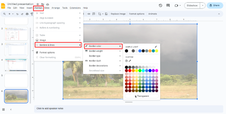 Google Slides window with Format > Borders & Lines > Border Color options are highlighted. Adjust the border color & width.