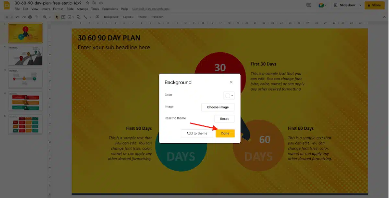 In Google Slides, the "Background" dialog box is open with the "Done" option is highlighted to apply the image to one slide.