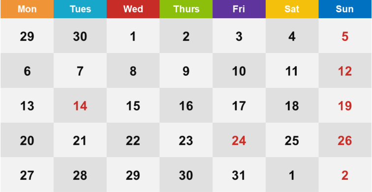 Monthly Calendar with multicolor header for days.