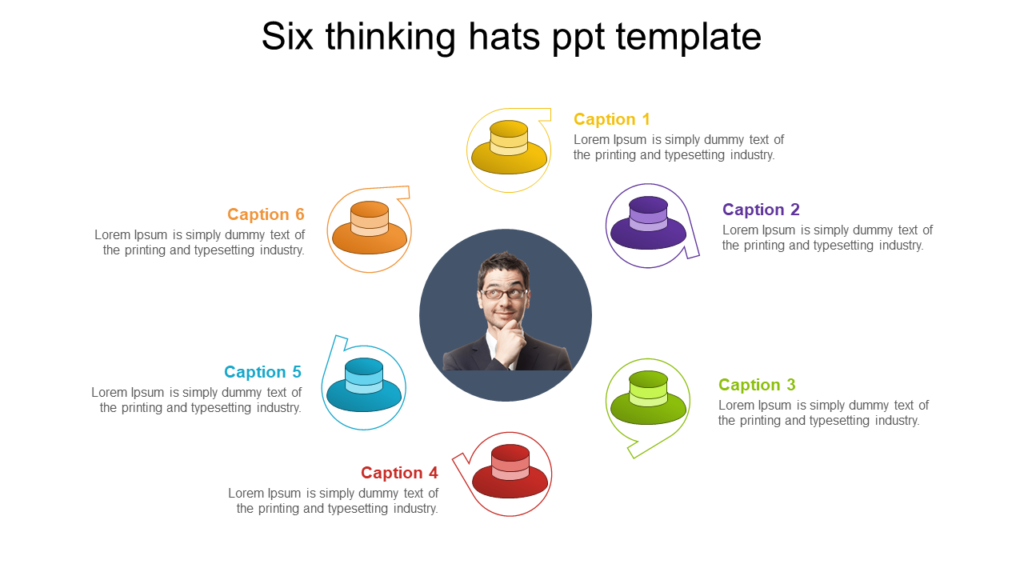 Six Thinking Hats PowerPoint Presentation Templates with Multicolor Infographics