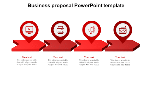 Business Proposal Presentation Template from Slide Egg with Attractive Red Chevrons, Circles, and Icons.