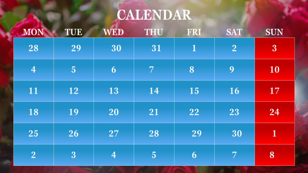 Attractive calendar image with floral background.