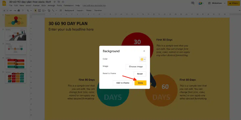 In Google Slides, the "Background" dialog box opens with "Done" option highlighted to apply selected colors as background.