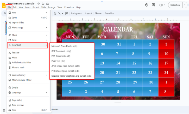 In Google Slides, the File > Download option is highlighted.