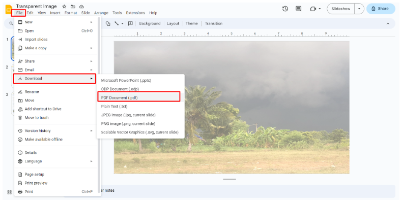 Google Slides window with File > Download > PDF Document (.pdf) highlighted to convert Google Slides into a PDF file.