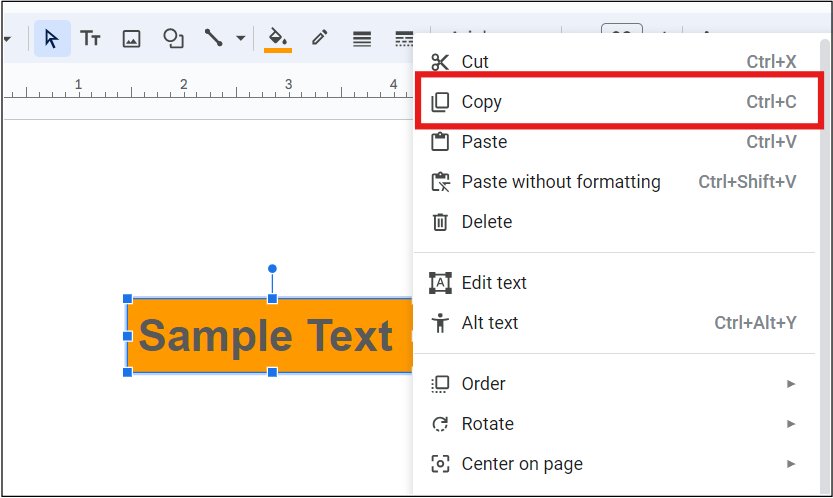 Copying Text Box Option in Google Slides from the context menu by right-clicking