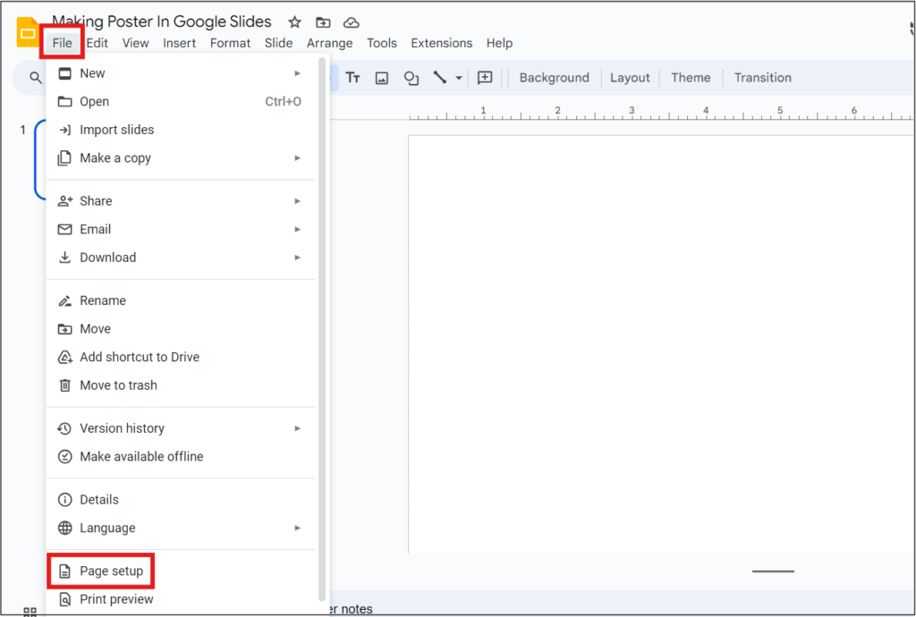 File>Page Setup Option in Google Slides