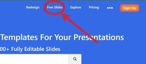 Free Slides option is highlighted in SlideEgg's Home Page to help user's to explore a collection of free slides.