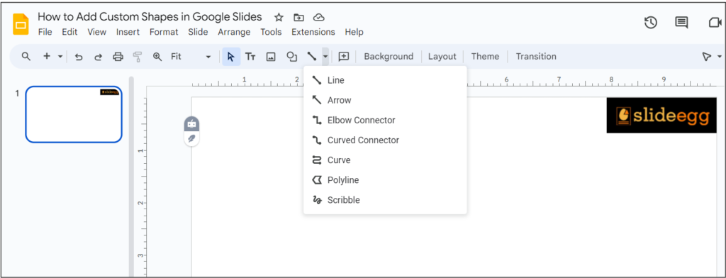 Google Slides screen with a dropdown menu showing shape options like line, arrow, curve, polyline, scribble, etc.