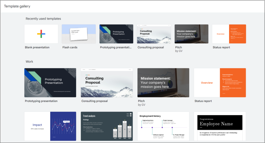 Google Slides' Template Gallery with a collection of premade templates