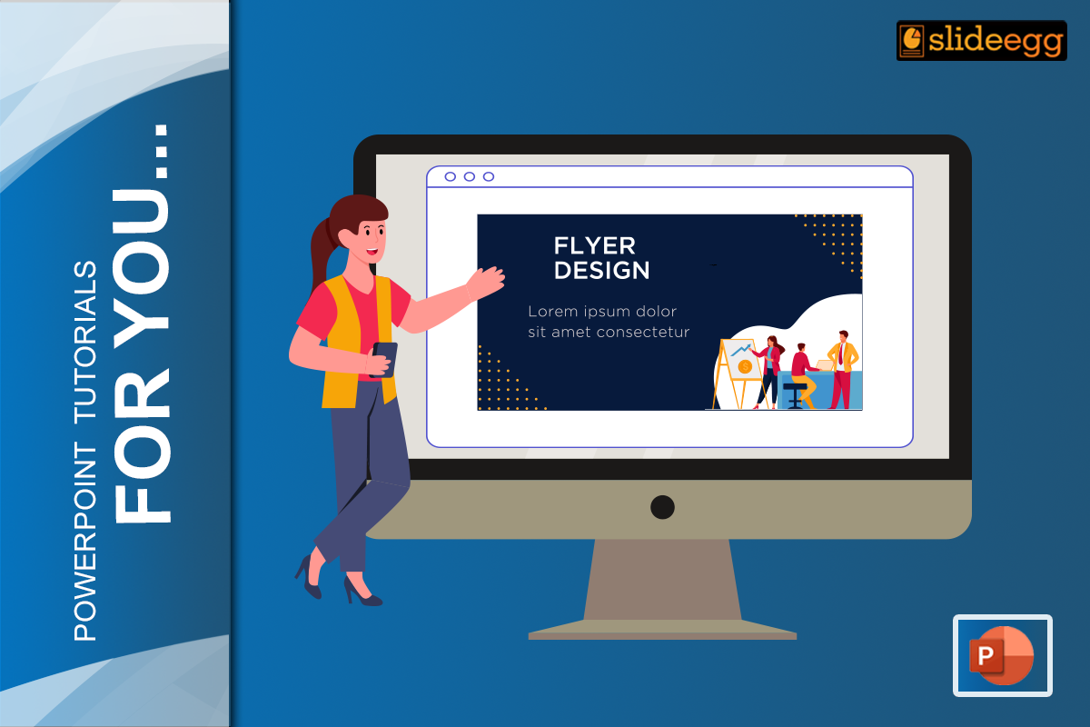 Banner image for the blog "How Can You Design a Flyer Using PowerPoint Software," includes a person & a screen with a flyer.