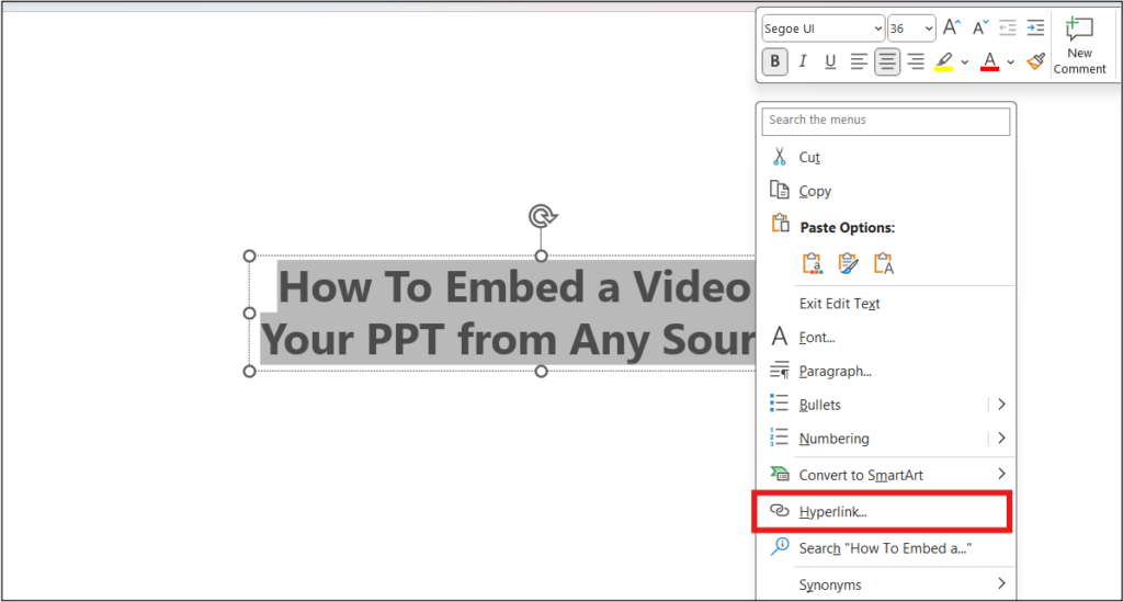 MS PowerPoint window with Hyperlink option in the Context Menu is highlighted.