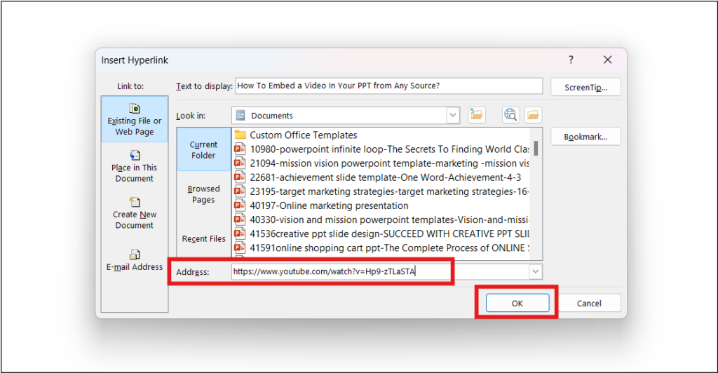 Insert Hyperlink to a YouTube Video Option in PowerPoint. Address field and OK button also highlighted.