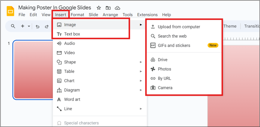 Insert Image and Textbox Options in Google Slides.