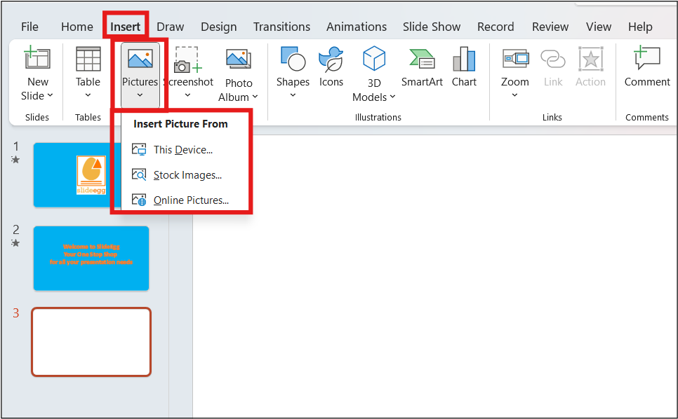 MS PowerPoint window, showing insert picture from "This device," “Stock images”, and “Online pictures” options.