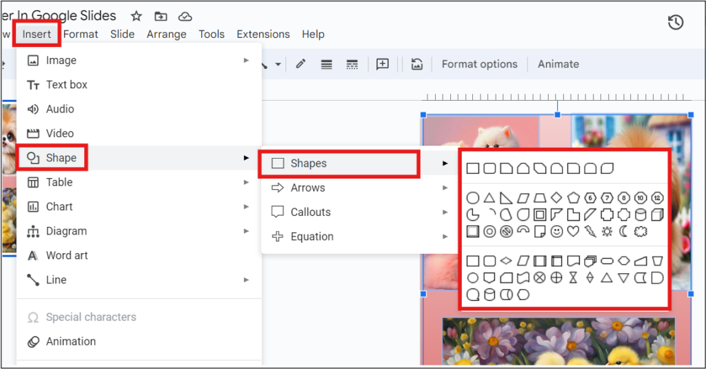 Insert > Shape > Shapes Option in Google Slides with various shapes