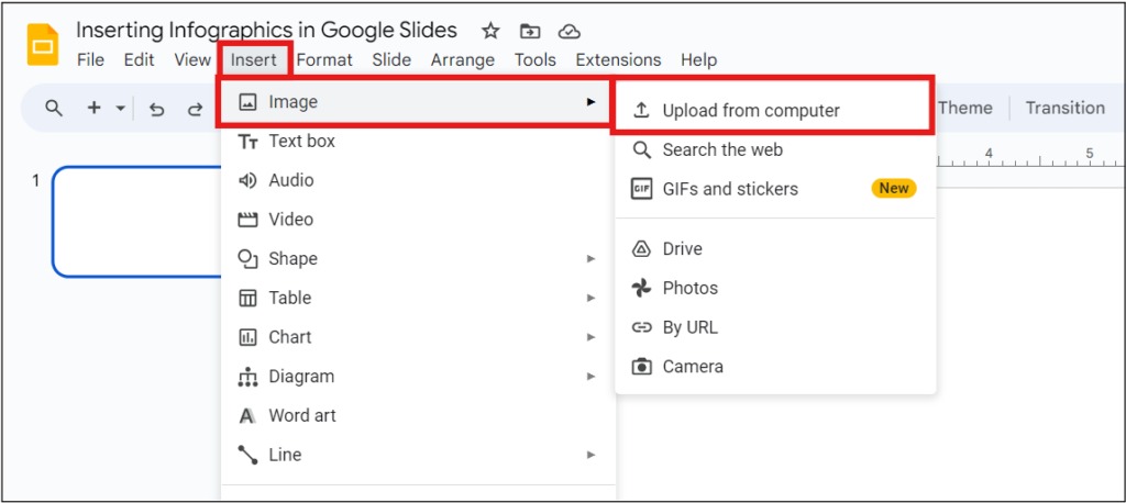 Google Slides interface showing the "Insert" menu with options to add images by uploading from the computer.