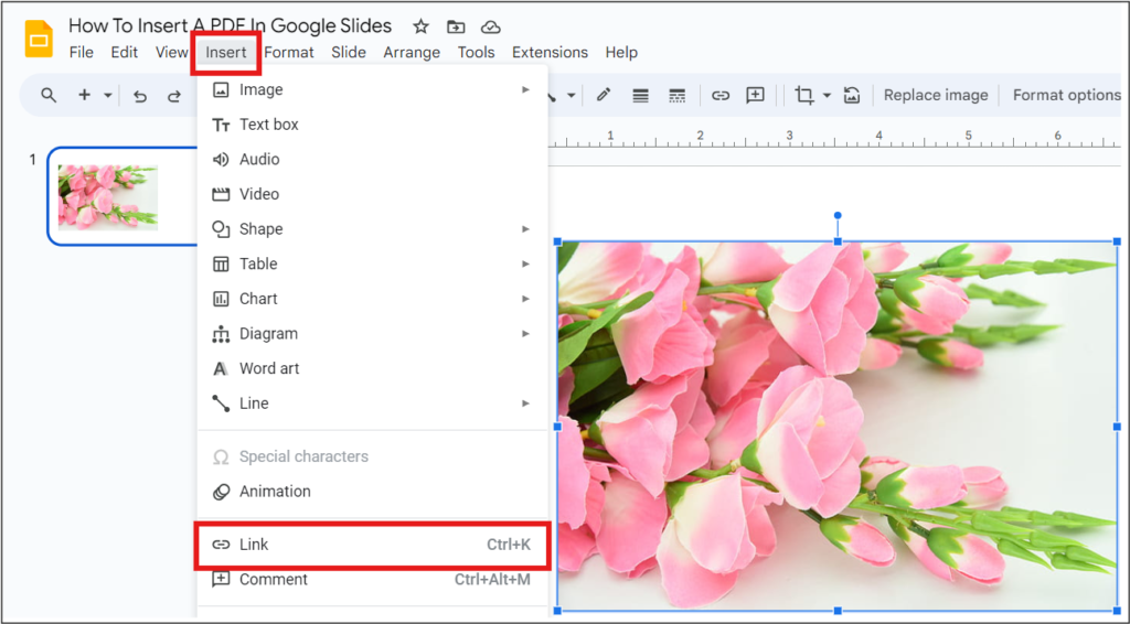 Google Slides interface showing "Insert" menu with "Link" option highlighted, indicating the ability to insert links.