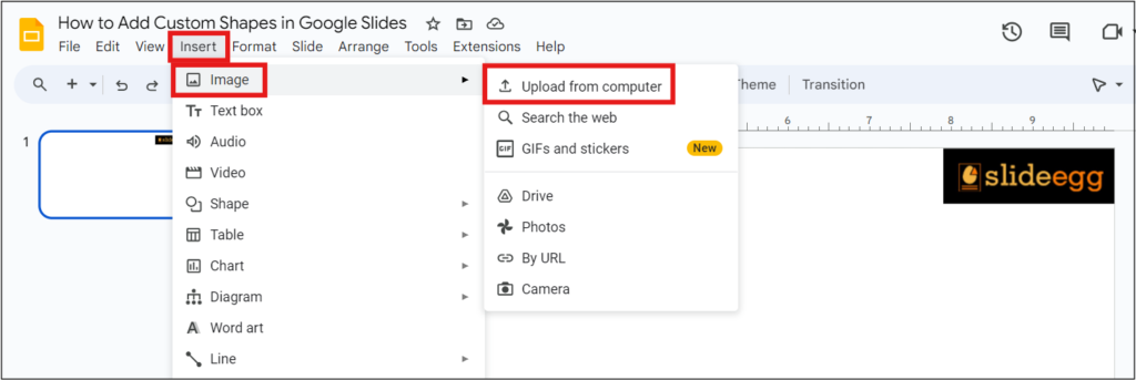 Google Slides screen with a dropdown menu showing options to upload images from the computer.