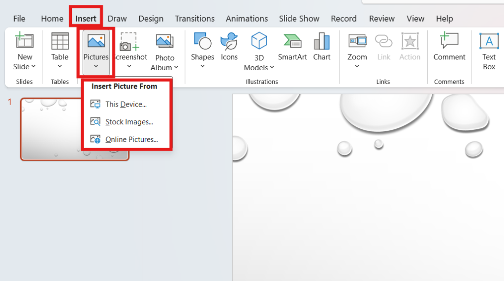 Inserting Picture from the device, stock images, and online pictures option in PowerPoint