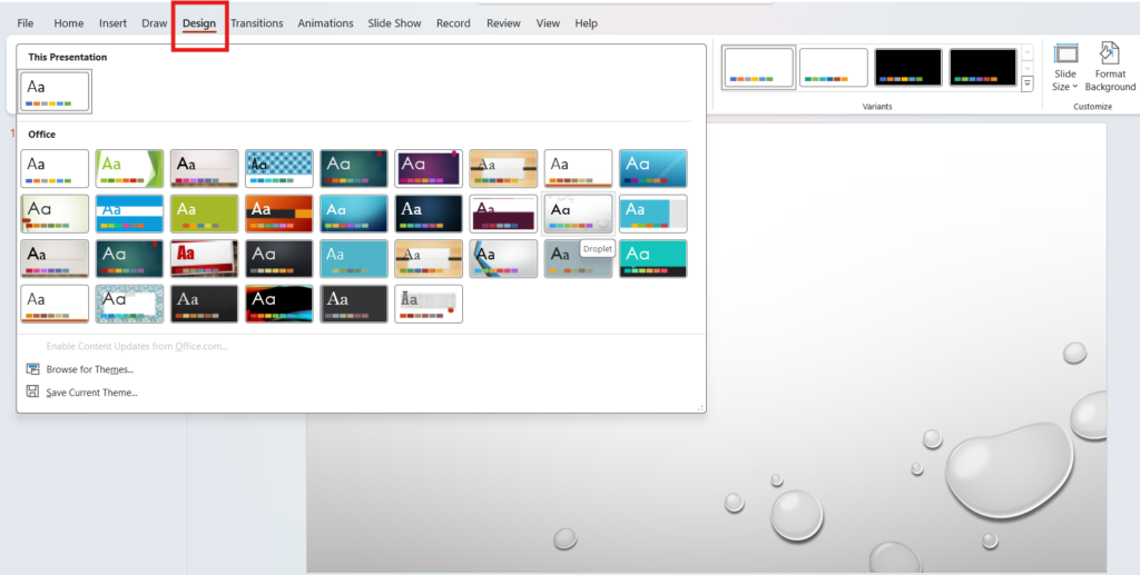 Screenshot of Microsoft PowerPoint's Design tab, showing a variety of themes for presentations.