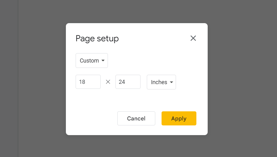 Page Setup Dialog Box in Google Slides with Custom, Cancel, Apply Options