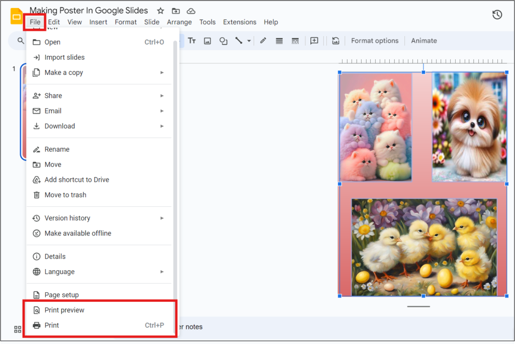 File >Print Preview and Print Options in Google Slides