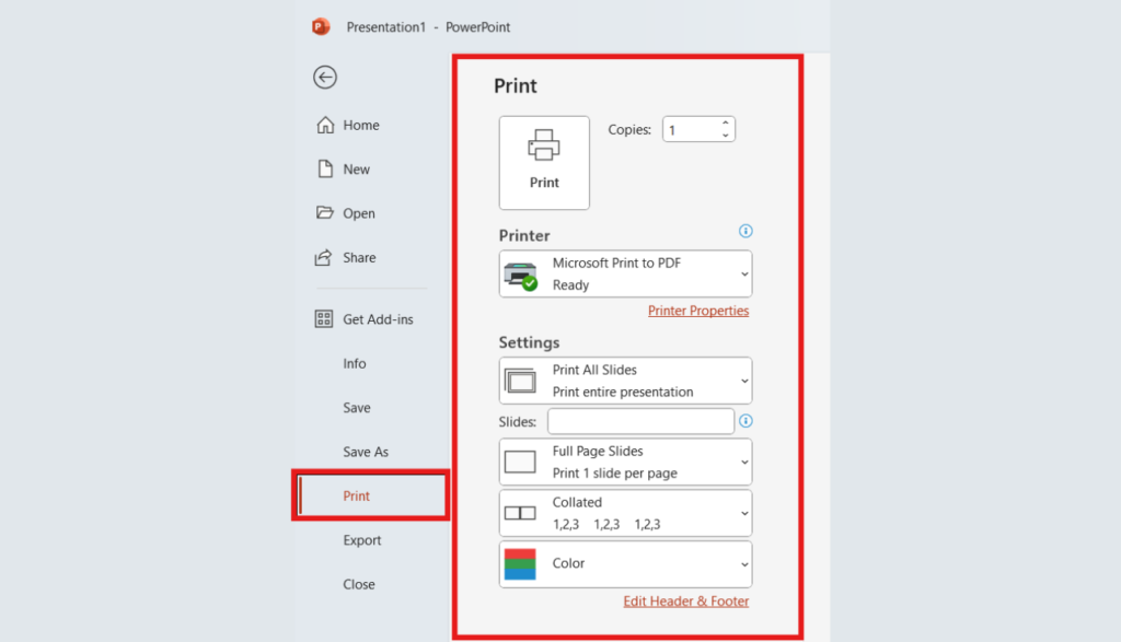 Microsoft PowerPoint Window with Print in File menu and Print Settings are highlighted. 