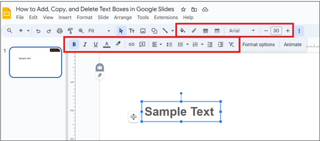 Google Slides screen with text formatting options like bold, italic, underline, alignment, font, font size, and more.