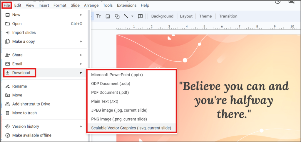 File > Download option in Google Slides for offline presentations.