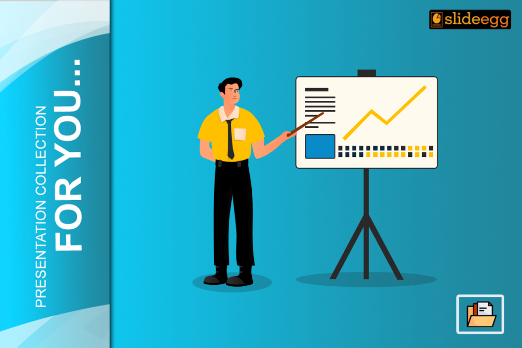 A business presentation slide with a blue background, showing a figure pointing at a chart with an upward line and graph.