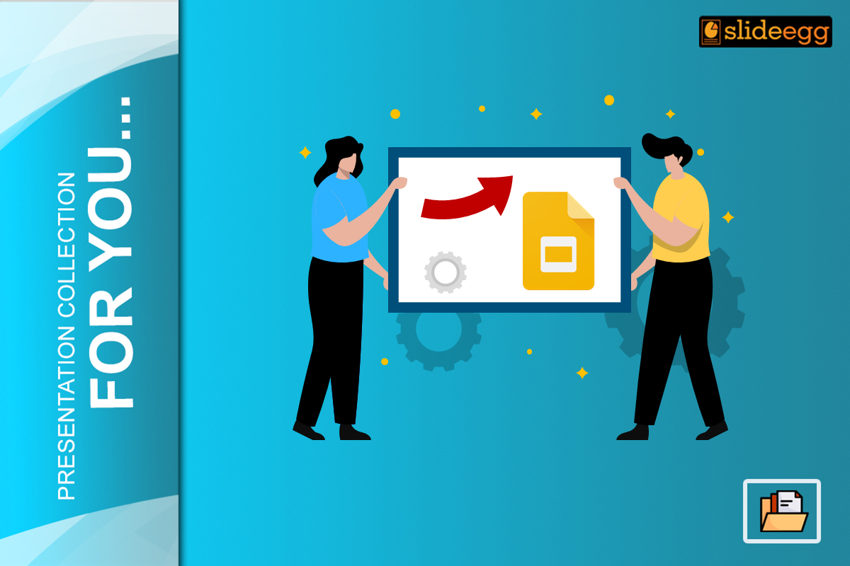 Illustration of two individuals with a display showing the benefits of Google Slides with file management icons.