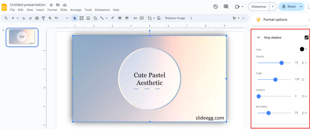 Screenshot of Google Slides presentation showing "Format options" with "Drop shadow" settings for an image.