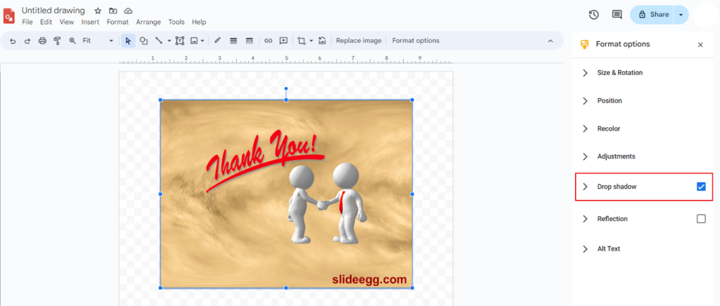 Google Drawings interface showing a thank you image with drop shadow effect, highlighting 'Format options'>'Drop shadow'