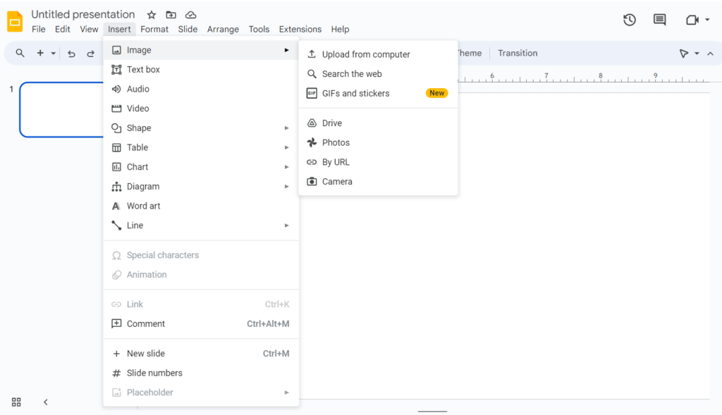 Adding Image in Google Slides using 'Insert' > 'Image’ from various image sources (Computer, Web, Drive, Photos, or by URL).