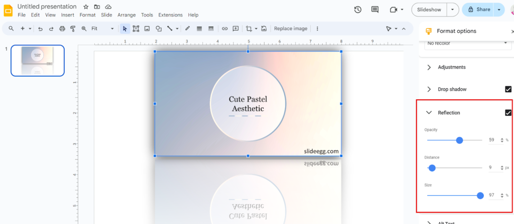 Screenshot of Google Slides presentation showing "Format options" with "Reflection" settings for an image.