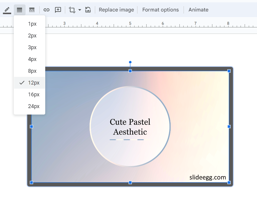 Screenshot of Google Slides showing the dropdown menus to adjust the Image Border Weight in Google Slides. 