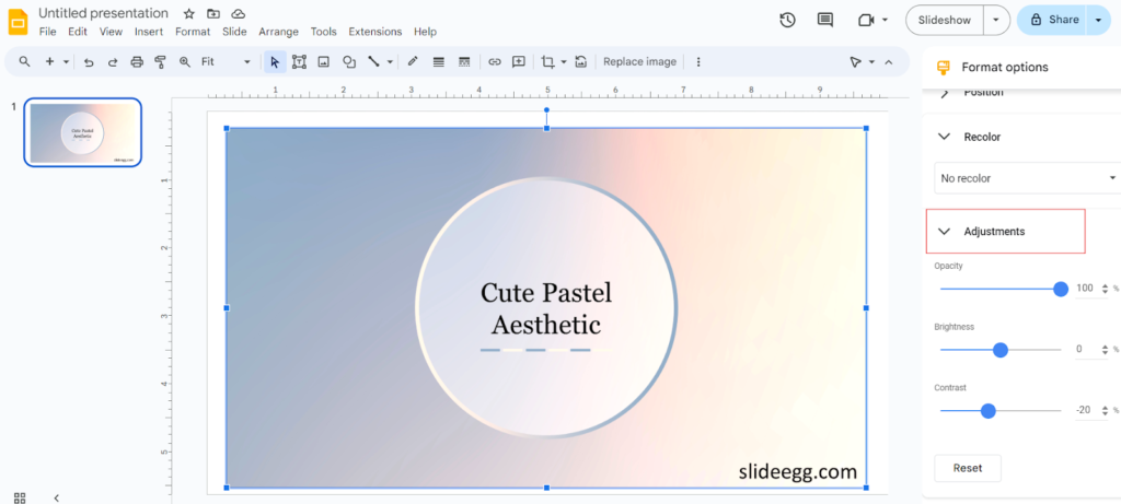 Screenshot of Google Slides showing "Format options" with "Adjustments" for an image, to make it more or less opaque.