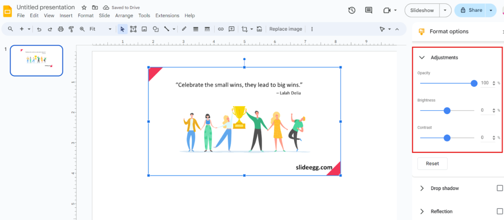 Google Slide's Adjustments options to enhance the images.